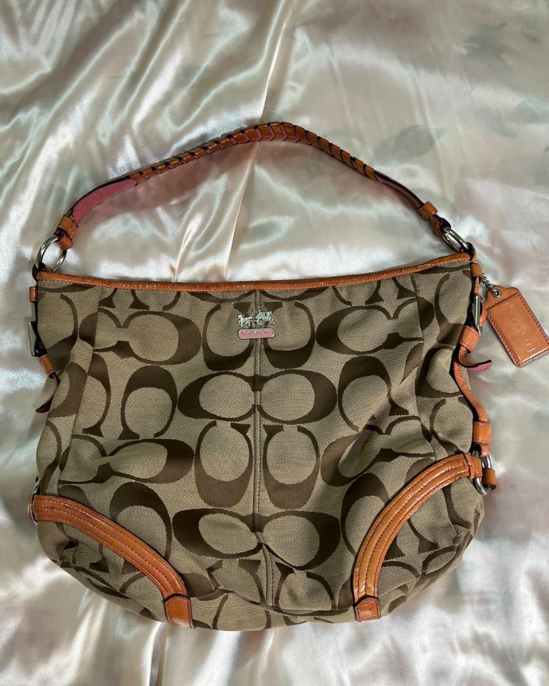 Coach Brown Signature Jacquard Leather Trim Shoulder Bag