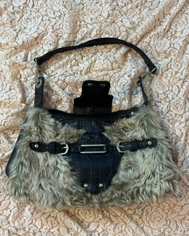 Viss Y2K Black Faux Fur & Croc-Embossed Shoulder Bag