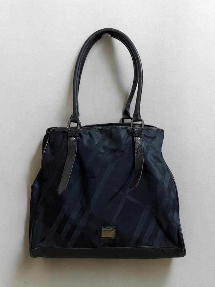 Burberry Leyland Large Tote Bag Designer Leather Nylon Supernova Plaid EUC