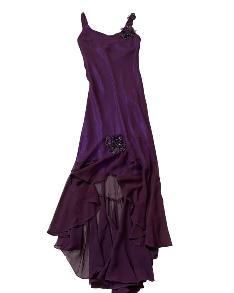 Al Matar Purple Sheer Asymmetric Floral Appliqué Evening Dress - Size S