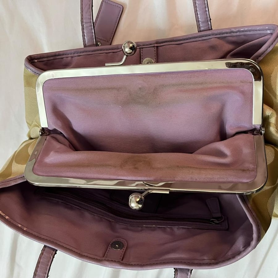 Coach Beige Monogram Tote Bag with Purple Detail