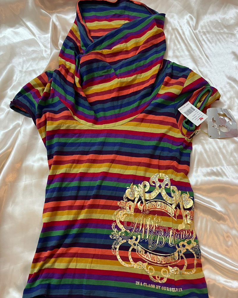 Apple Bottoms Rainbow Striped Short Sleeve Cowl Neck Top with Gold Graphic Print - Size L