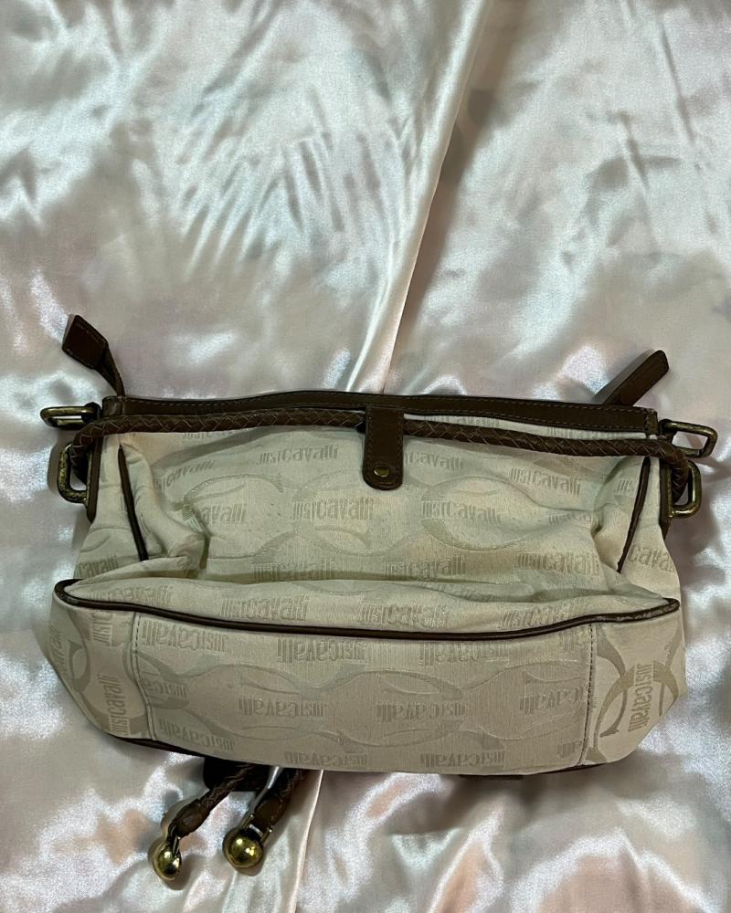 Just Cavalli Beige Logo Canvas & Brown Leather Pocket Shoulder Bag - Authentic Bag with Non-Original Strap