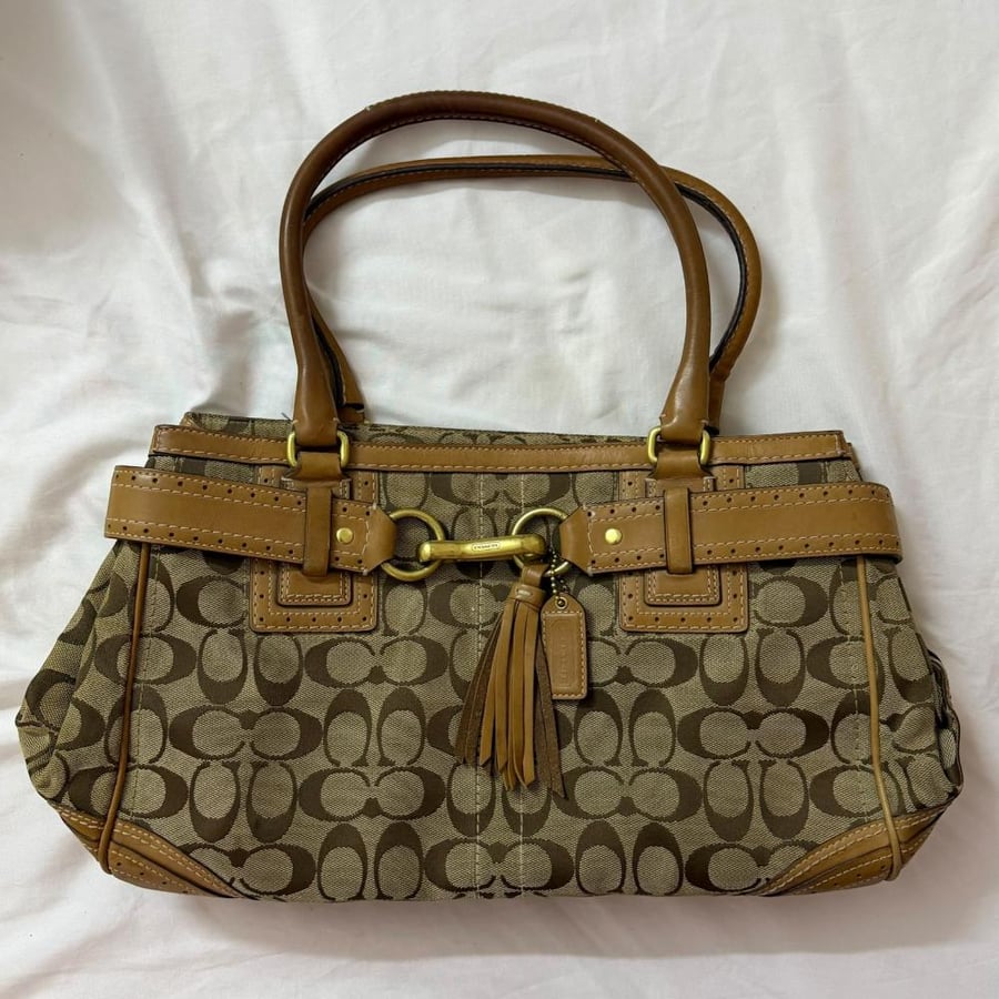 Coach Monogram Brown Canvas Shoulder Bag with Leather Trim and Tassel