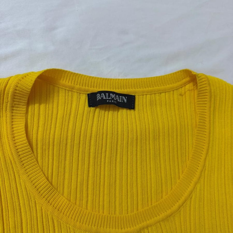 Balmain Yellow Ribbed Knit Tank Top with Embossed Buttons - Size L