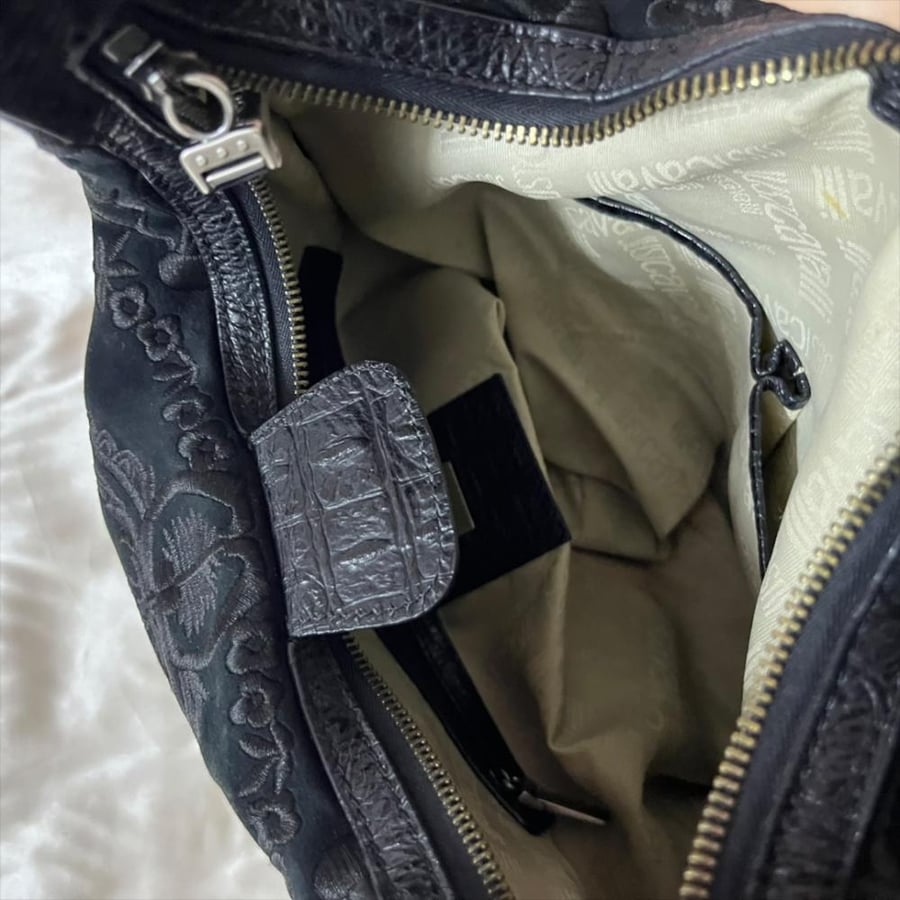 Roberto Cavalli Black Embroidered Suede Hobo Bag