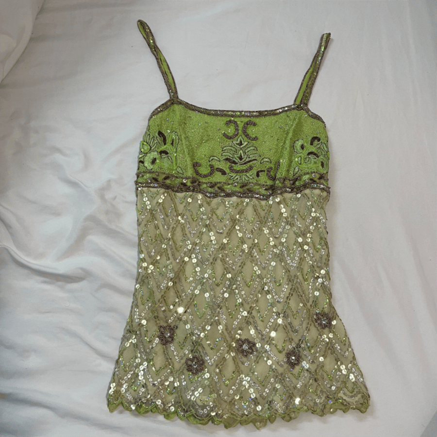 Aftershock Lime Green Sequined Beaded Cami Top - size S-M