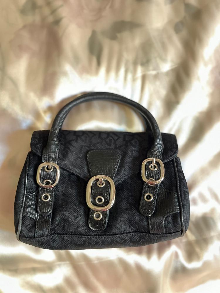 DKNY Black Monogram Canvas Top Handle Bag with Triple Silver Buckles