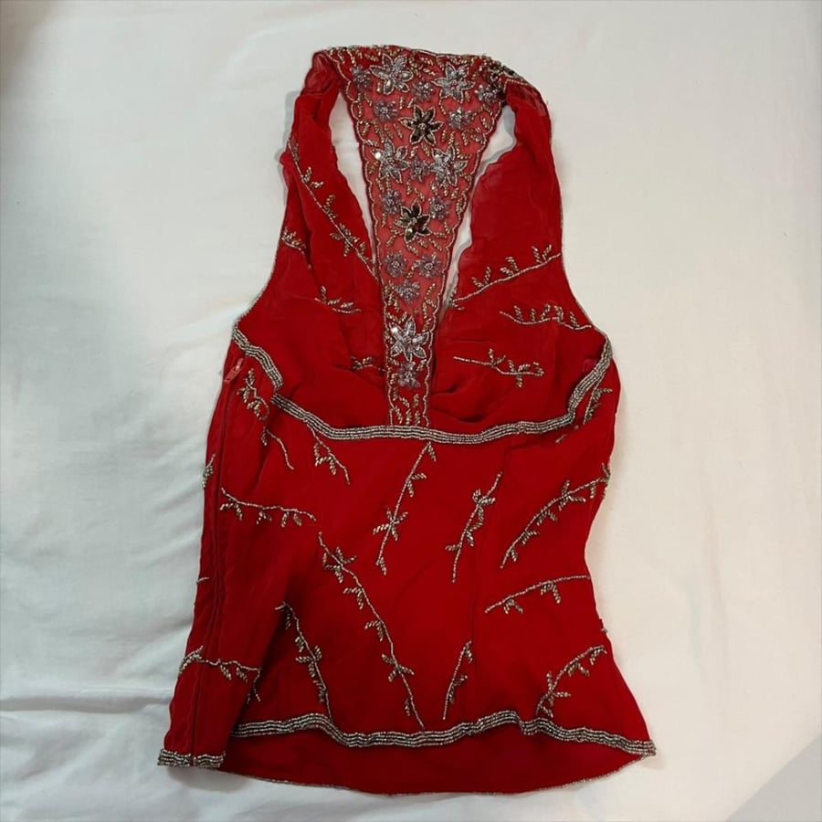 Aftershock Red Beaded Drape Neck Sleeveless Top - Size S