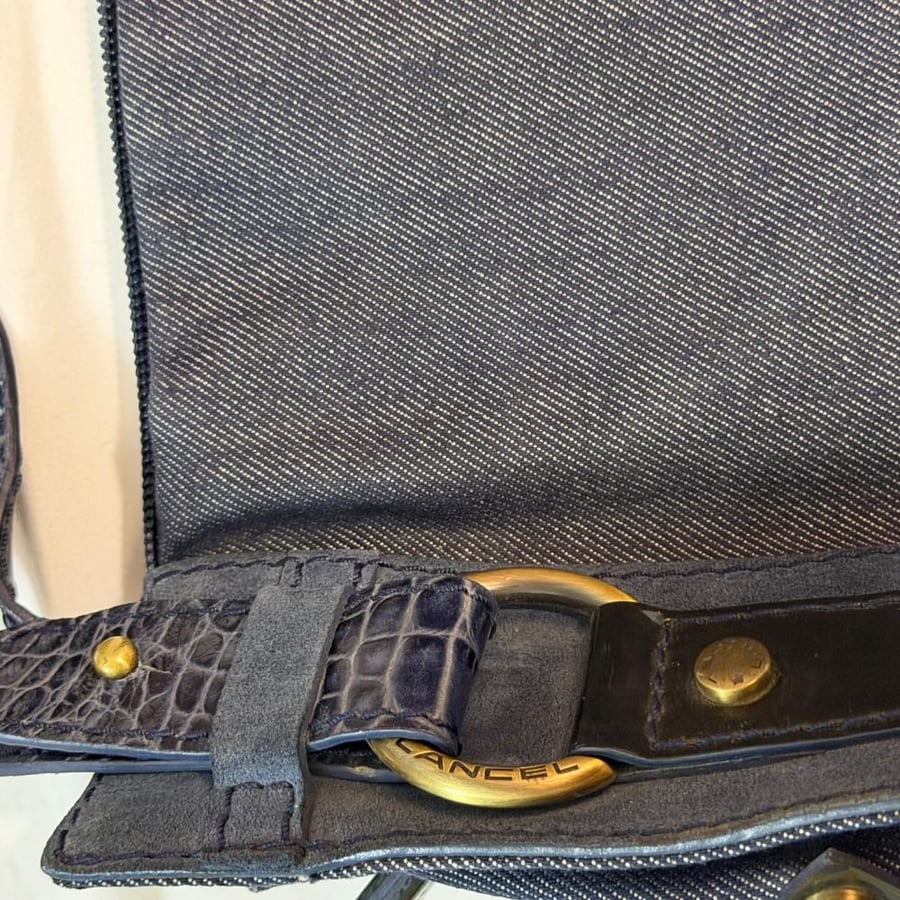 Lancel Blue Denim and Croc-Embossed Leather Shoulder Bag