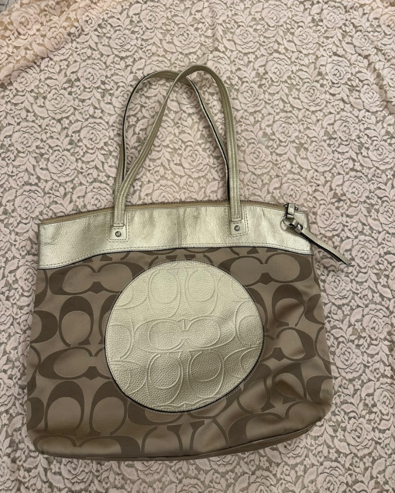 Coach Brown Monogram Canvas Tote Bag with Metallic Gold Accent