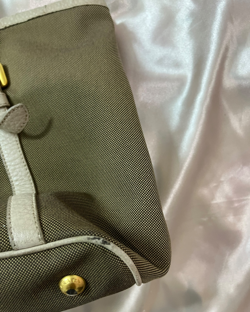 Prada Brown Canvas Tote Bag with White Leather Handles
