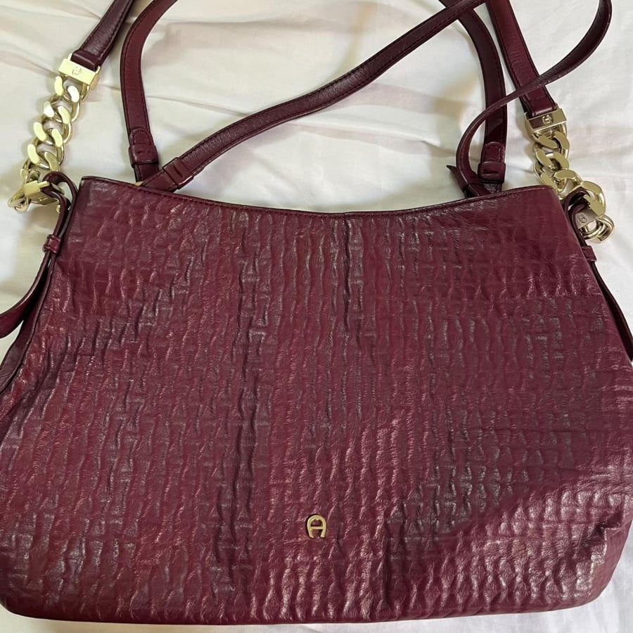 Etienne Aigner Burgundy Crocodile Print Leather Shoulder Bag