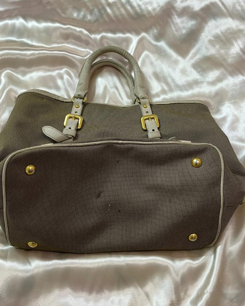 Prada Brown Canvas Tote Bag with White Leather Handles