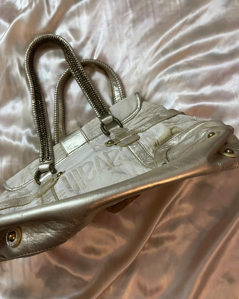 Just Cavalli Beige and Gold Logo Print Shoulder Bag