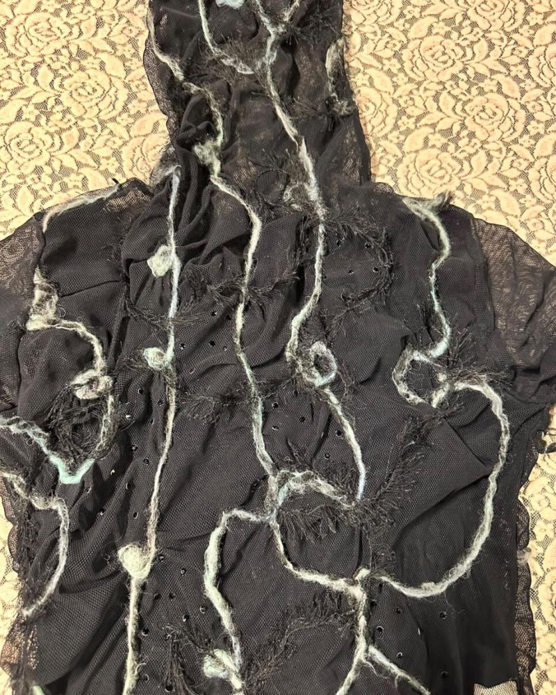 Mia Italy Black Mesh Hooded Long Sleeve Top — Size M