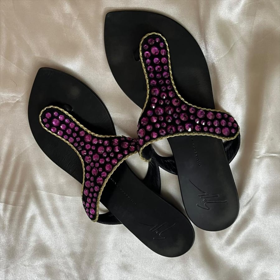 Giuseppe Zanotti Black Suede Purple Crystal Thong Sandals - Size 38.5