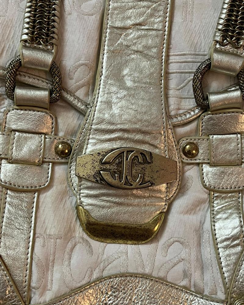Just Cavalli Beige and Gold Logo Print Shoulder Bag