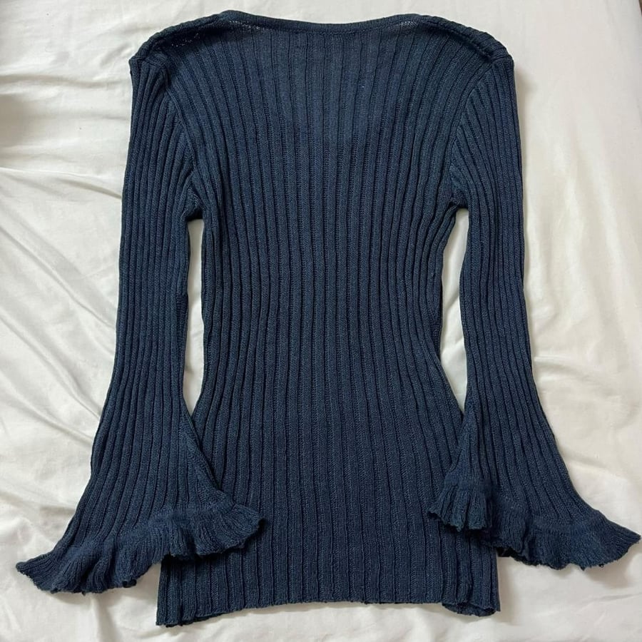 All Seasons Blue Ribbed Knit Flared Sleeve Top - Size S-M