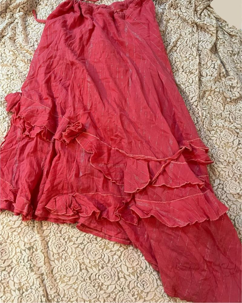 Jomana Coral Tiered Ruffle Wrap Skirt with Metallic Stripes - Size 32