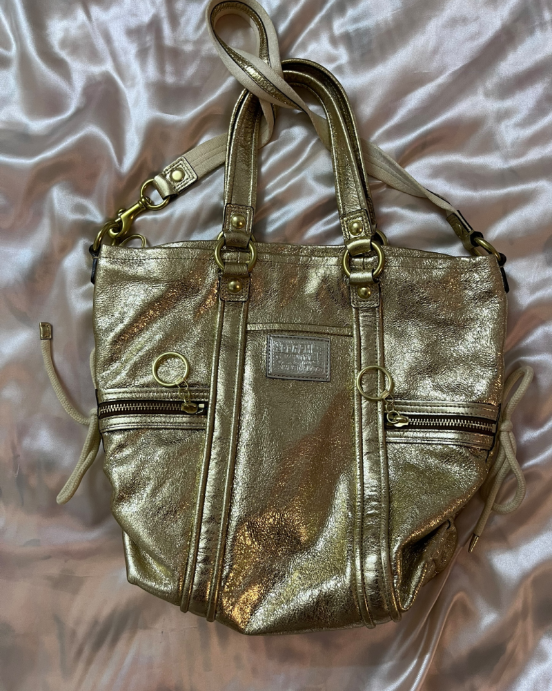 Coach Gold Metallic Leather Poppy Zippered Tote Bag