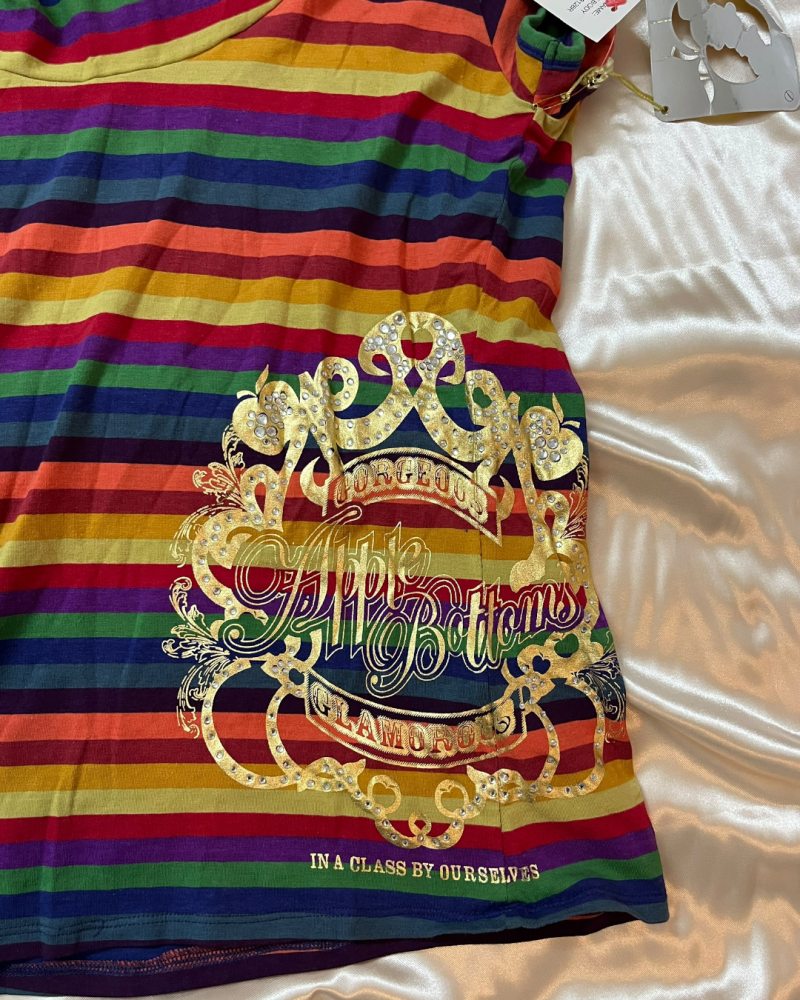Apple Bottoms Rainbow Striped Short Sleeve Cowl Neck Top with Gold Graphic Print - Size L