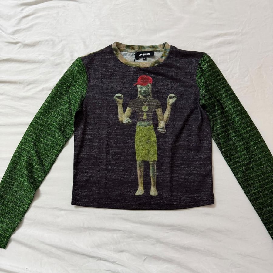 Desigual Graphic Print Long Sleeve Metallic Mesh top size m