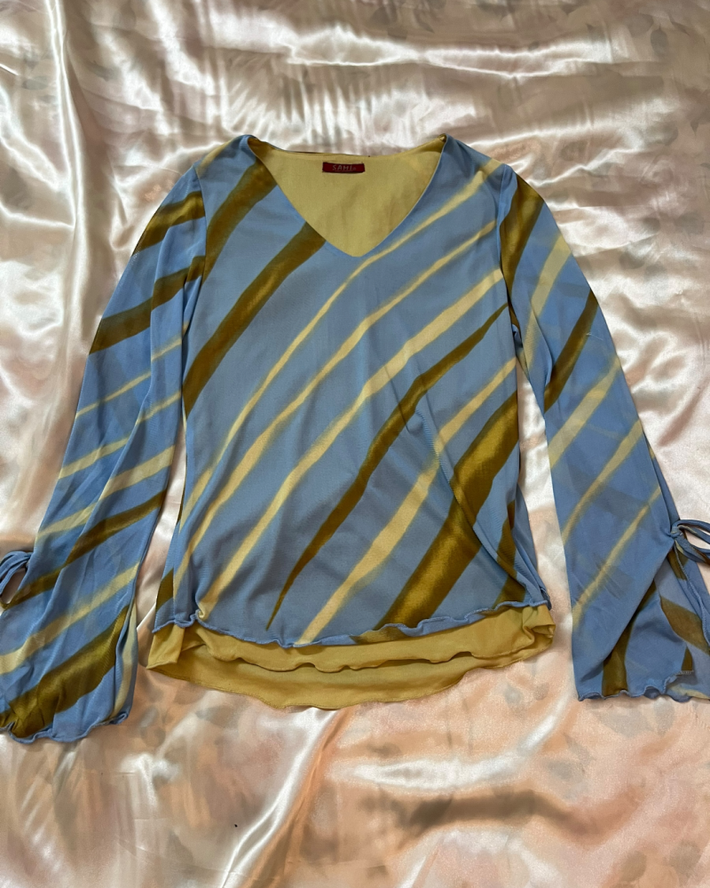 Sami Blue & Yellow Diagonal Striped V-Neck Mesh Top - Size M