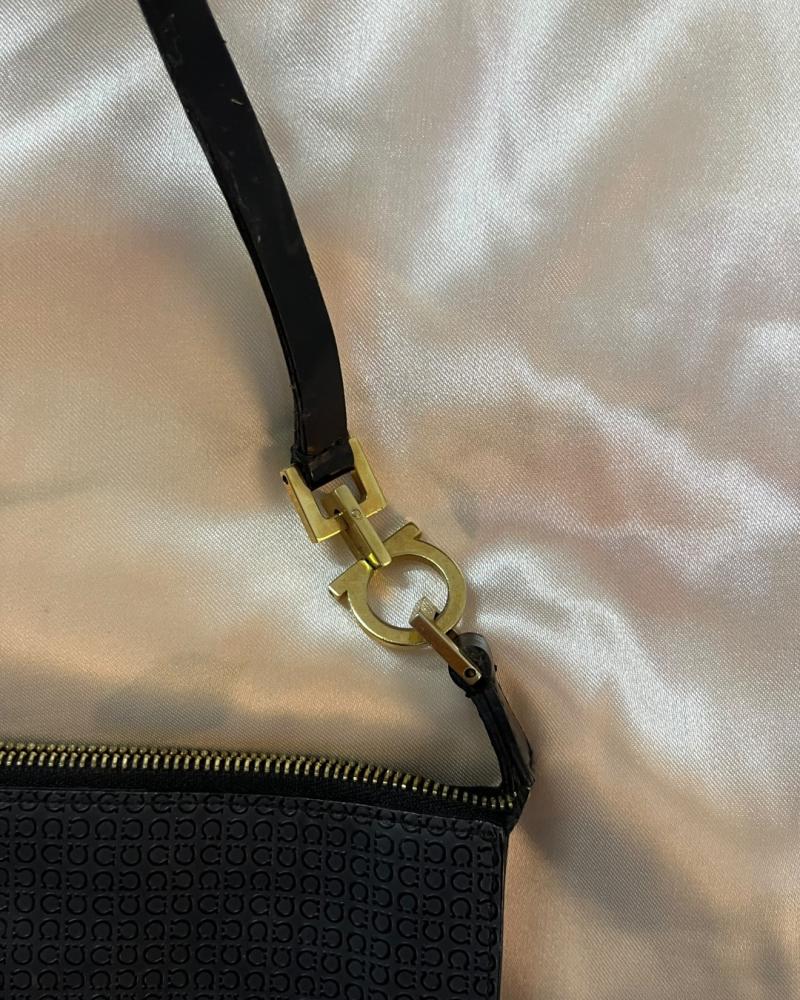 Salvatore Ferragamo Black Gancini Canvas Shoulder Bag