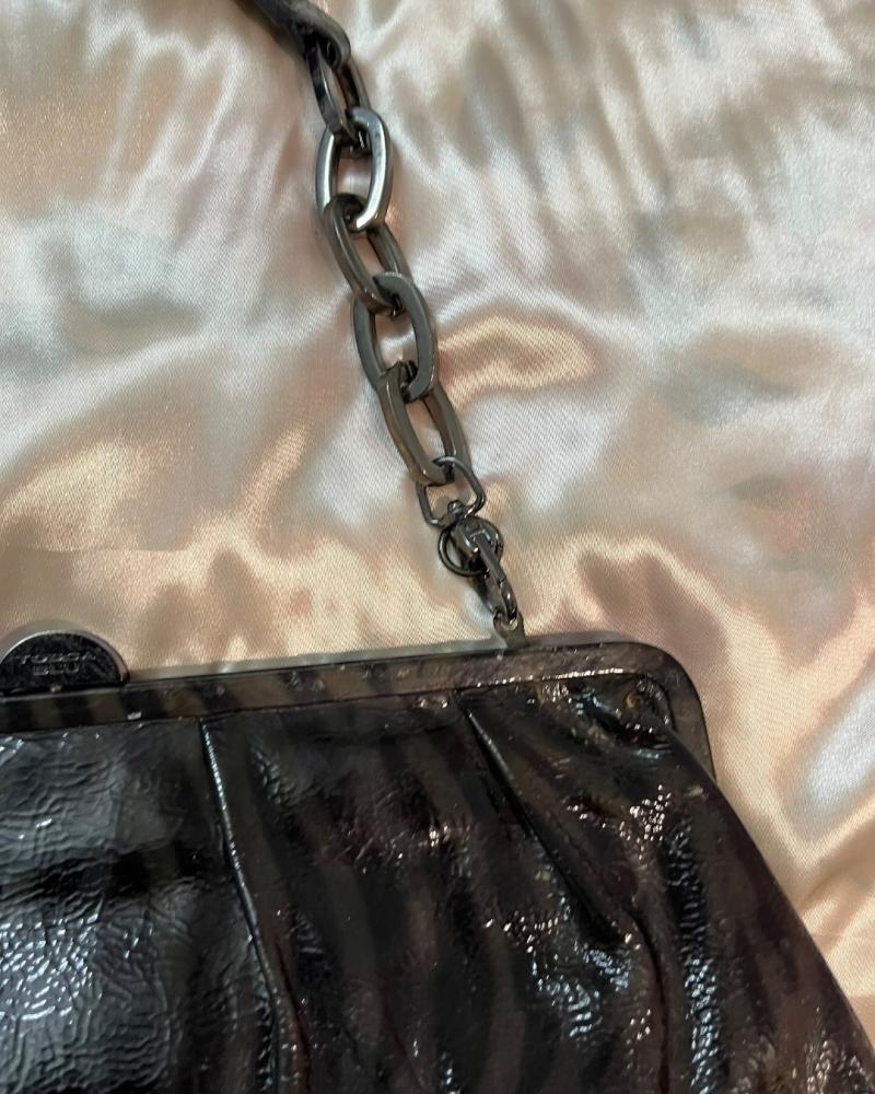 Tosca Blu Black Patent Leather Zebra Pattern Frame Bag with Chain Strap