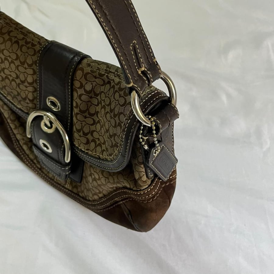 Coach Brown Signature Canvas Belted Shoulder Bag with Buckle Detail