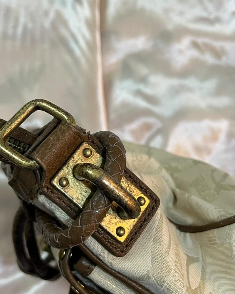 Just Cavalli Beige Logo Canvas & Brown Leather Pocket Shoulder Bag - Authentic Bag with Non-Original Strap