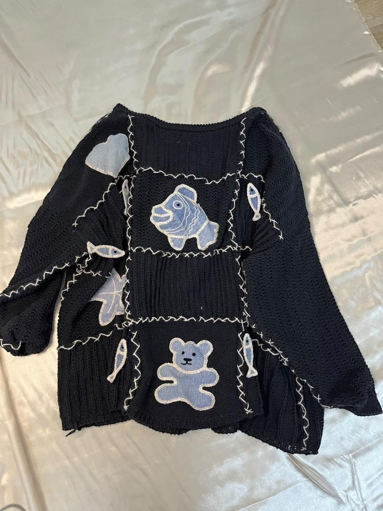 Black Knit Sweater with Patchwork Teddy Bear & Fish Details – Size L