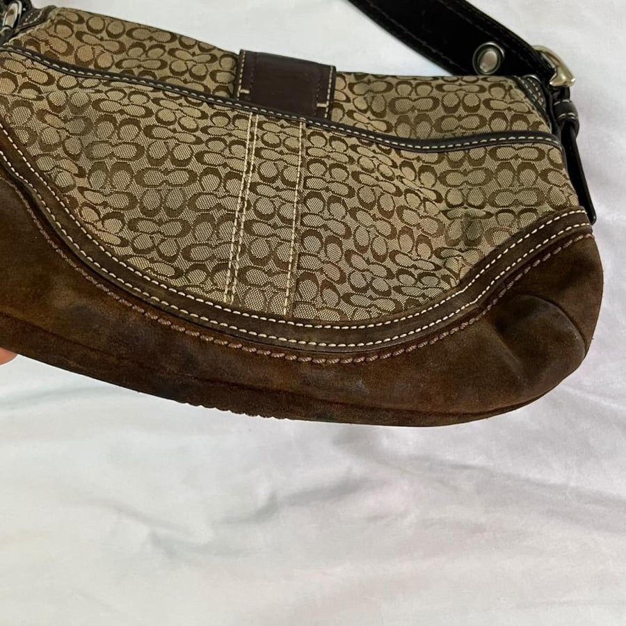 Coach Brown Signature Canvas Belted Shoulder Bag with Buckle Detail