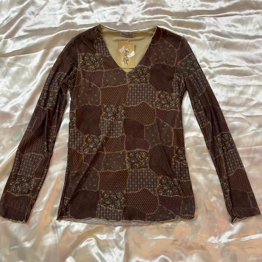 Sexy Doll Brown Patchwork Pattern Long Sleeve Top - Size M