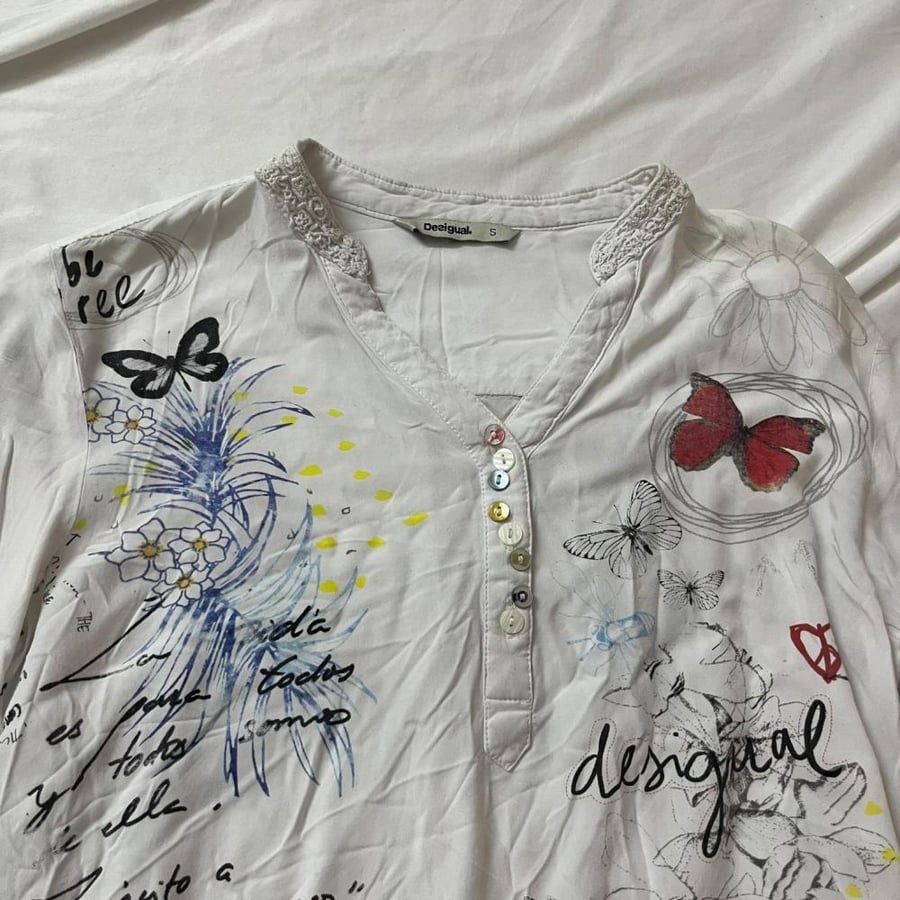 Desigual White Butterfly Graphic Long Sleeve Blouse - Size S
