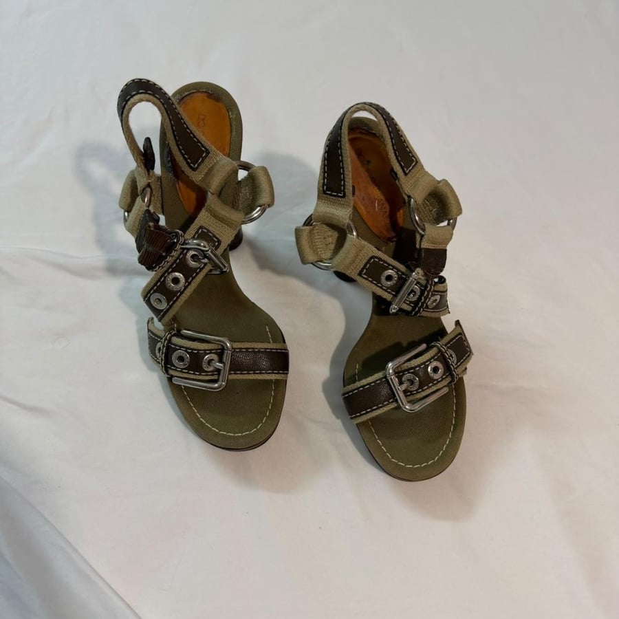 Dolce & Gabbana Olive Green Canvas & Leather Strap Heeled Sandals - Size 40