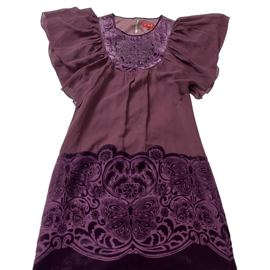 Derhy Purple Velvet Butterfly Embroidered Sheer Dress - Size M