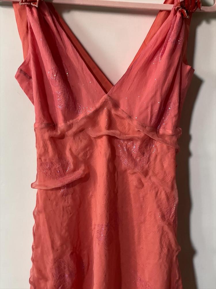 Ronit Zilka London Coral Pink Silk V-Neck Dress with Embellishments - Size 12