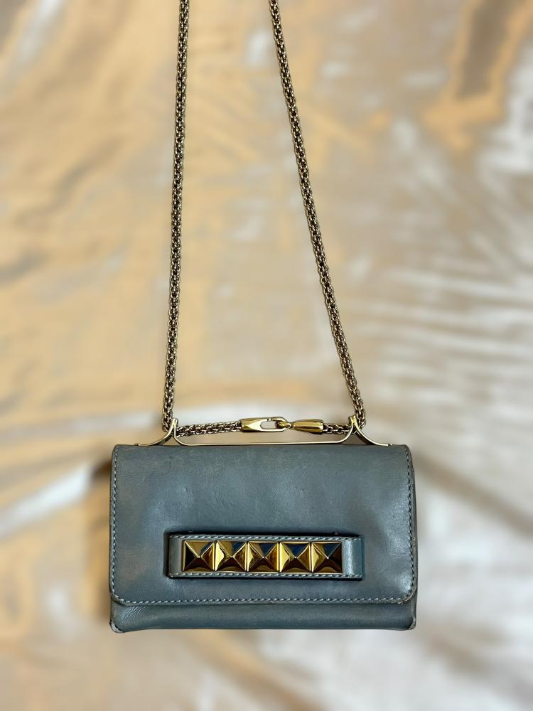 Valentino Grey Leather Chain Shoulder Bag with Gold Stud Detail