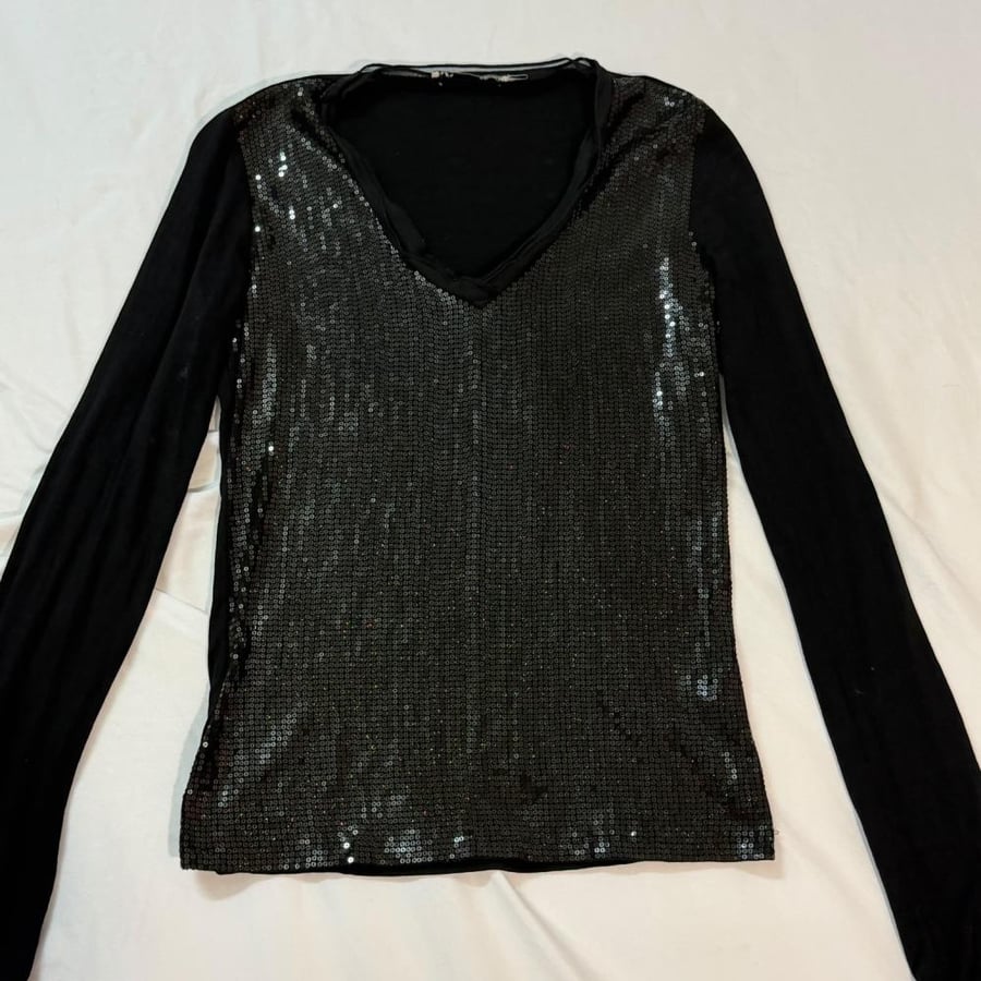 BGN Studio Black Sequin Long Sleeve V-Neck Top - Size M