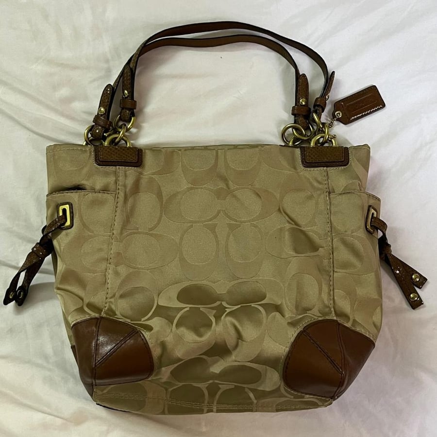 Coach Beige Jacquard Signature Canvas Tote Bag with Leather Trim