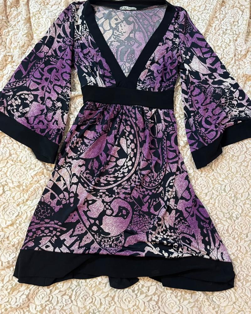 Janette Purple and Black Abstract Pattern V-Neck Tunic Dress - Size : FREE SIZE