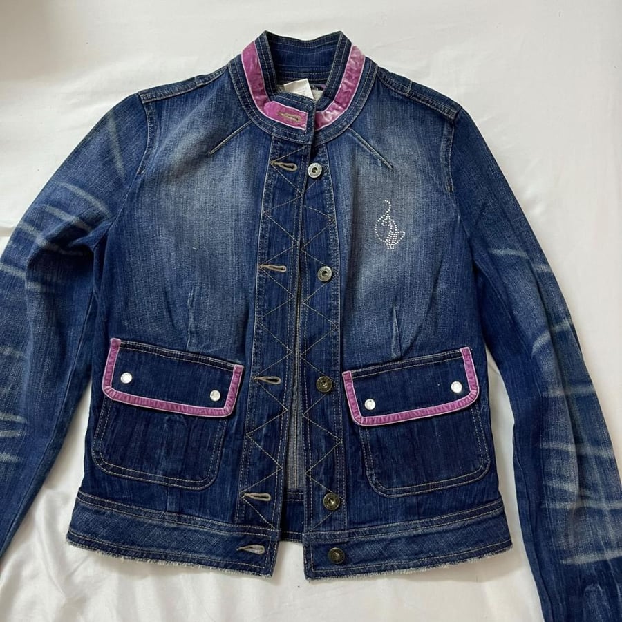Baby Phat Blue Wash Denim Jacket with Pink Velvet Trim and Rhinestones - Size m