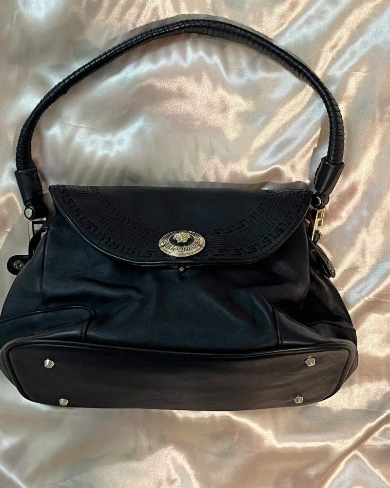 Versace Black Leather Shoulder Bag with Medusa Emblem and Greek Key Border
