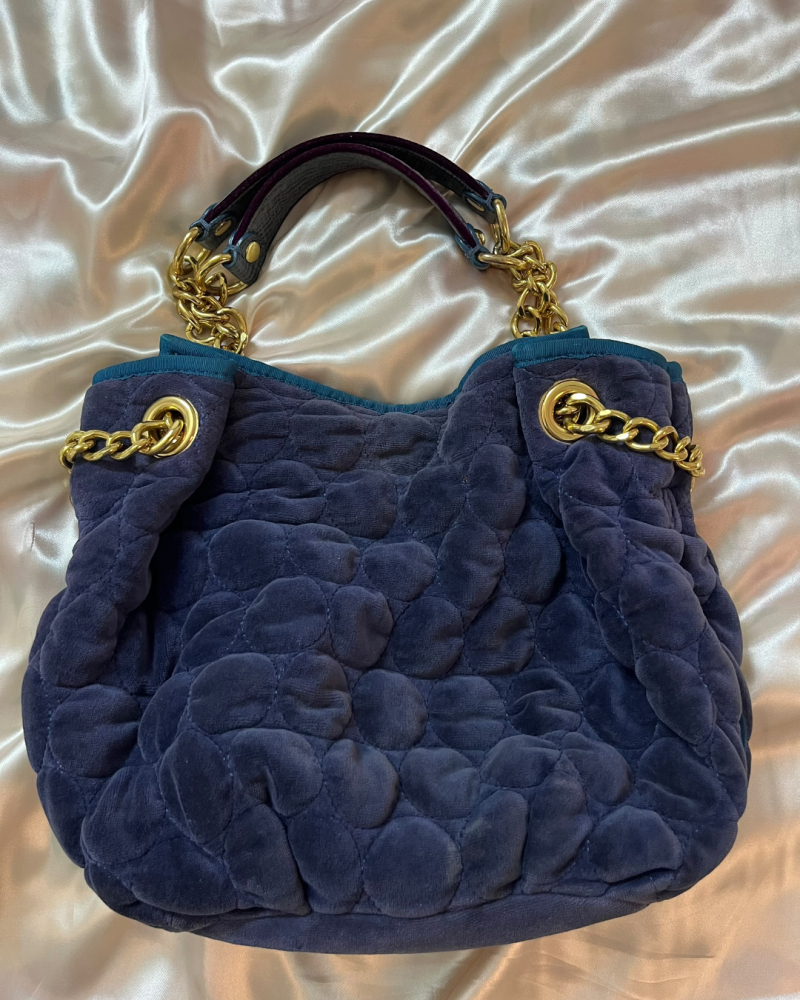 Juicy Couture Navy Blue Velvet Quilted Chain Shoulder Bag