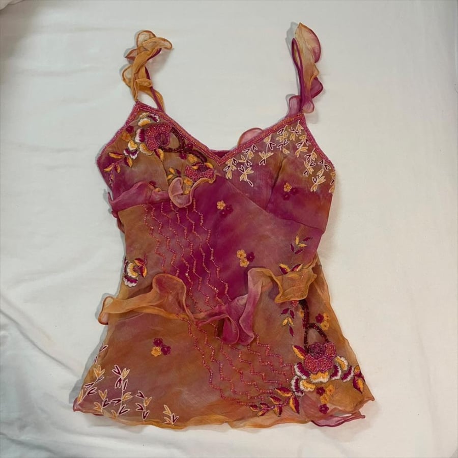 Aftershock Pink and Orange Ruffled Silk Beaded Cami Top -  size. S