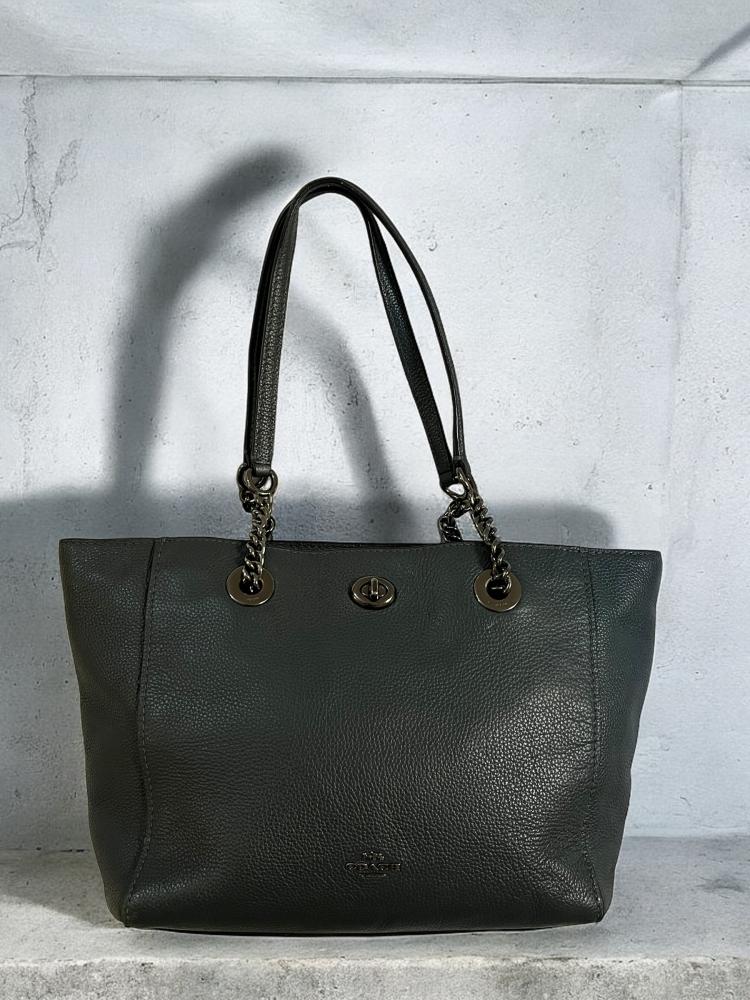 Coach dark Green Leather Turnlock Chain Tote