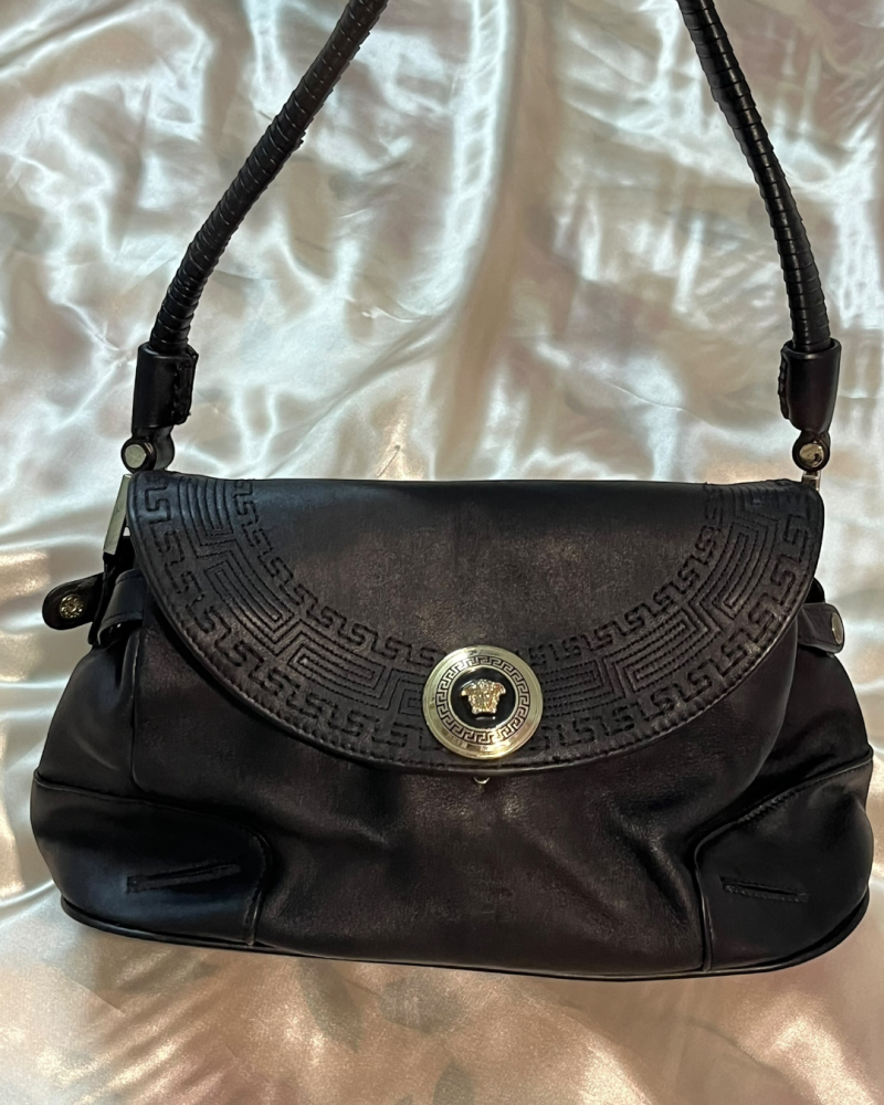 Versace Black Leather Shoulder Bag with Medusa Emblem and Greek Key Border
