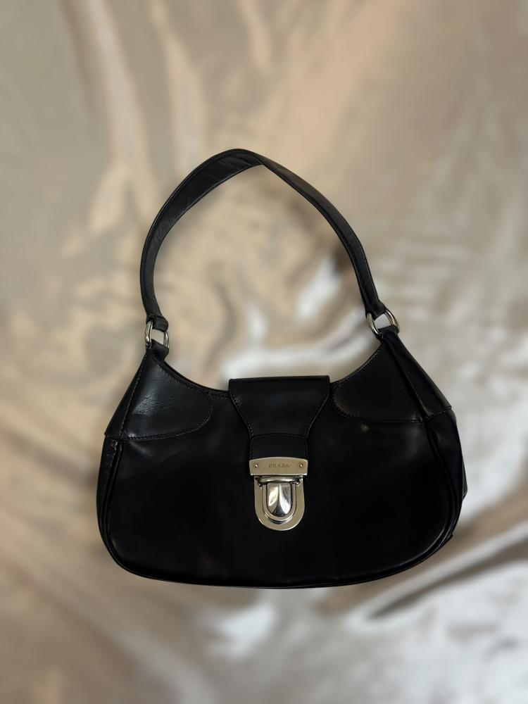 Prada Black Leather Shoulder Bag with Metal Clasp